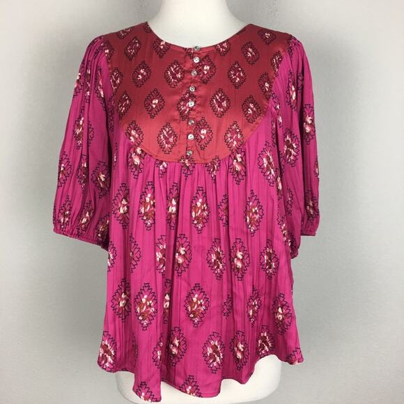 By Anthropologie Pink Red Ikat Floral Pop Over Top M/L - Picture 1 of 7